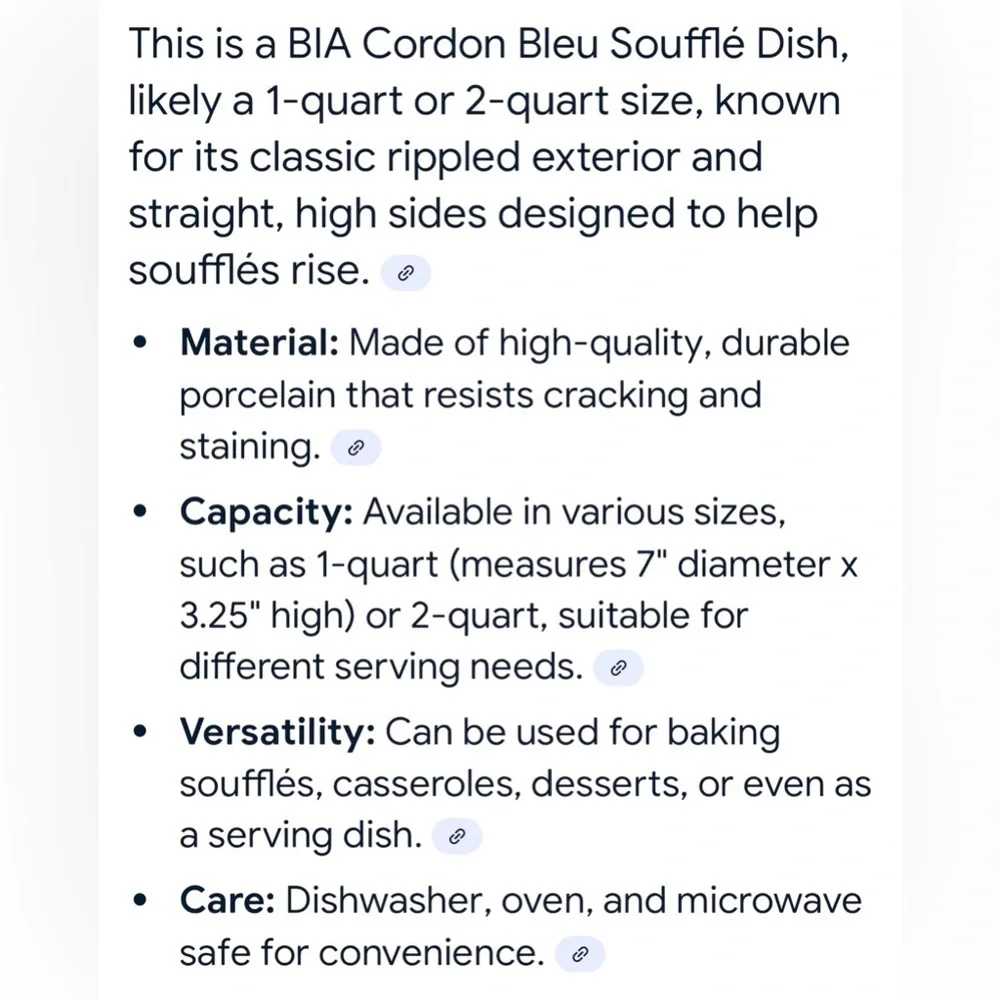 BIA Cordon Bleu 1 Quart Ceramic Blue/White Soufflé Ramekin EUC